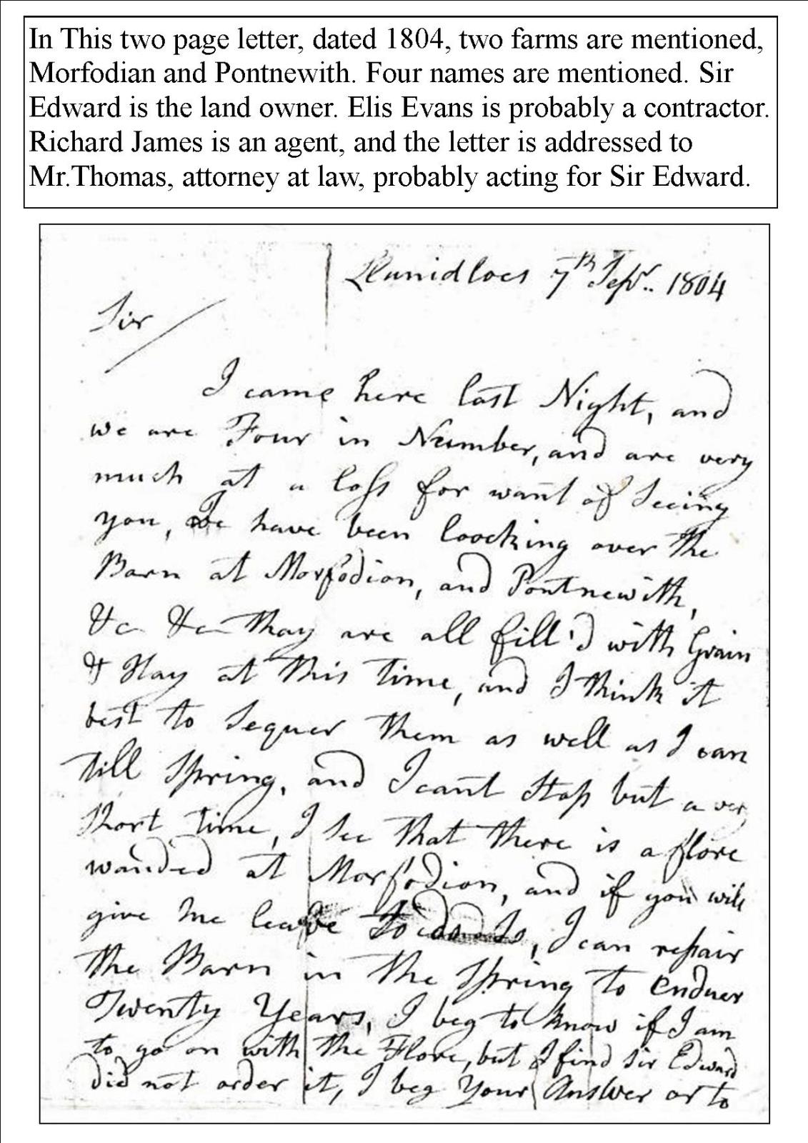 Morfodian letter 1804 Llanidloes History